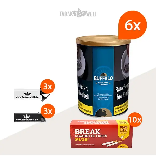 Buffalo Blau Feinschnitttabak 6x Dose mit 2000 Plus Size Hülsen Buffalo Blau Feinschnitttabak 6x Dose mit 2000 Plus Size Hülsen