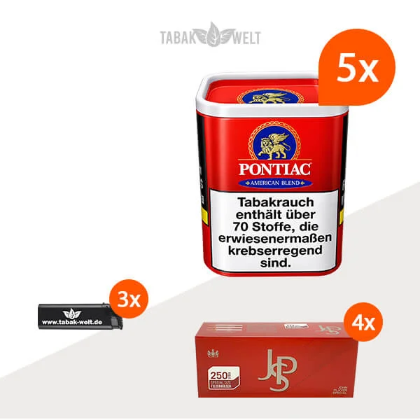 Pontiac American Blend Tabak 5x Dose mit 1000 Special Size Hülsen und Feuerzeugen