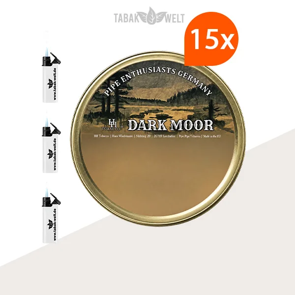 HU Tobacco Dark Moor Pfeifentabak 15 Dosen mit Feuerzeugen