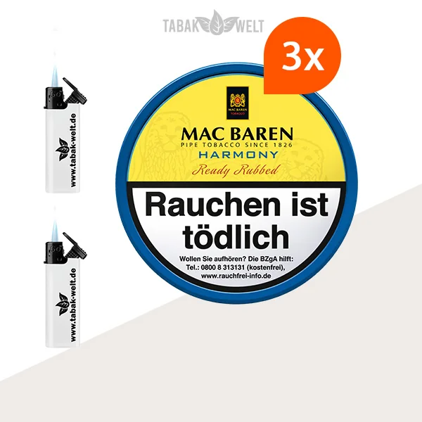 Mac Baren Harmony Pfeifentabak 3er-Dosen-Set mit Feuerzeugen
