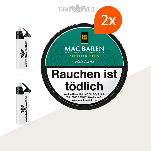 Mac Baren Stockton Roll Cake Pfeifentabak – 2 Dosen mit Feuerzeugen