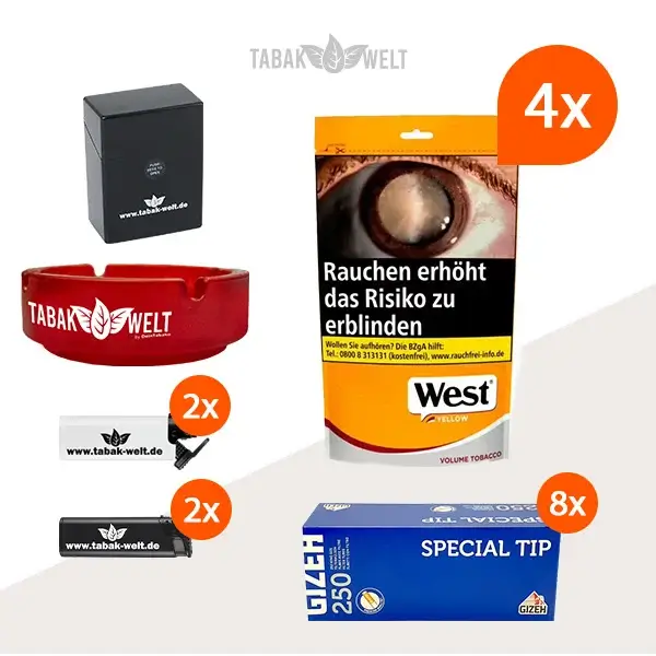 west-yellow-volumentabak-4x-grosse-beutel-mit-2000-special-tip-filterhuelsen