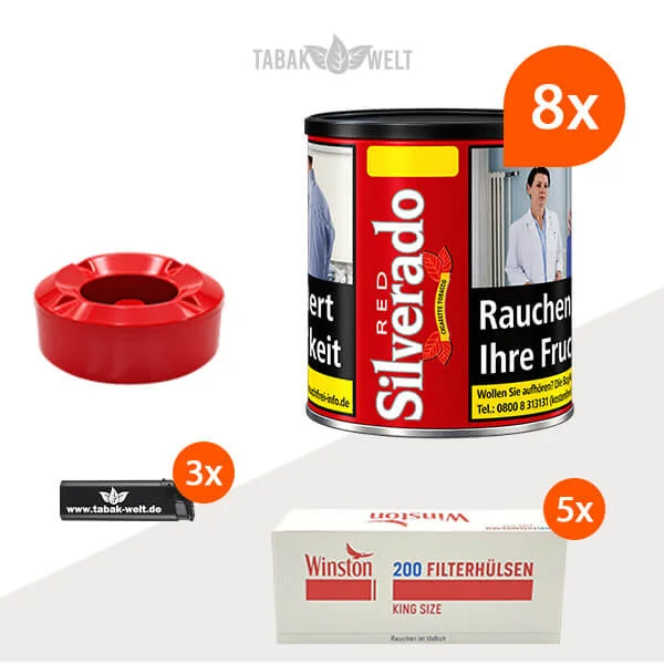 Silverado Red Cigarette Tobacco Wide Cut im 8er-Pack mit acht Dosen und 1.000 King Size Hülsen