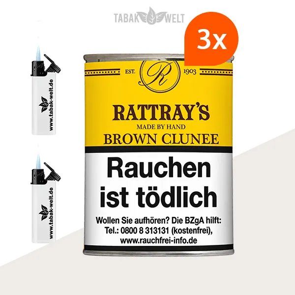 Rattray’s British Selection Brown Clunee Pfeifentabak – 3er-Box mit Feuerzeugen