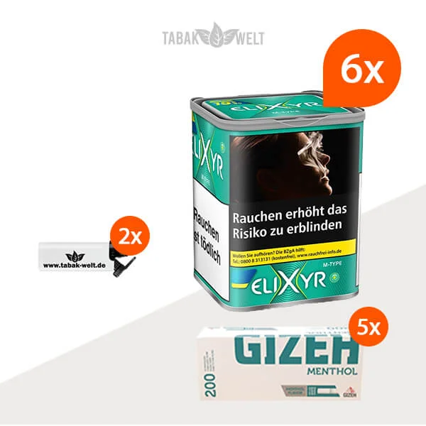 Elixyr Feinschnitttabak Menthol Plus 6x Dose mit 1000 Gizeh Menthol Hülsen