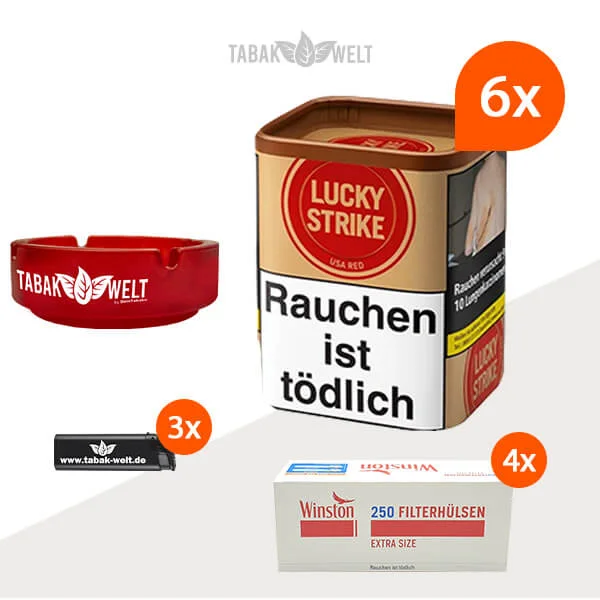 lucky-strike-red-feinschnitt-tabak-6x-dose-mit-1000-extra-size-filterhuelsen-und-aschenbecher