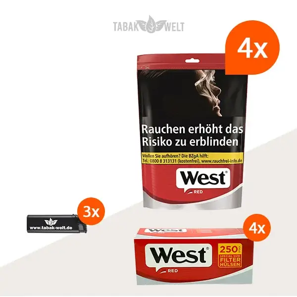 west-red-volumentabak-4x-beutel-mit-1000-huelsen-und-aschenbecher
