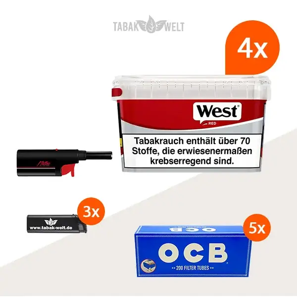 west-red-volumentabak-4x-mega-box-mit-1000-huelsen-und-stabfeuerzeug