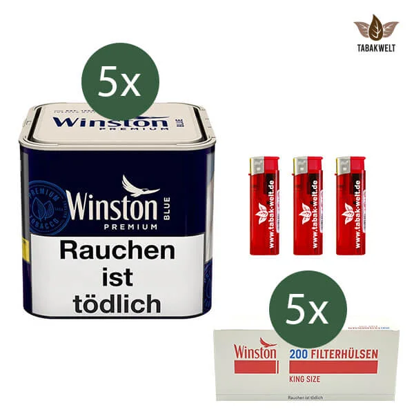 Winston Feinschnitttabak Blue 5 x Dose mit 1000 King Size Filterhülsen