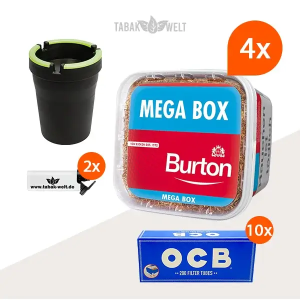 Burton Red Volumentabak 4x Mega Box mit 2000 Filterhülsen und Auto-Aschenbecher 
