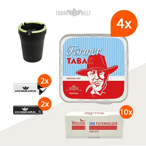 Farmer Original Rot Pfeifentabak 4x Eimer mit 2000 King Size Hülsen