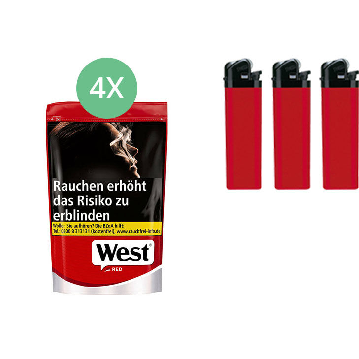 West Tabak XL Red 4 x Beutel mit Feuerzeugen