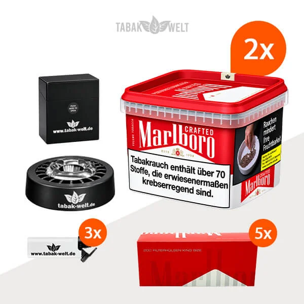 Marlboro Volumentabak 2x Eimer mit 1000 Red Filterhülsen und Roulette Aschenbecher