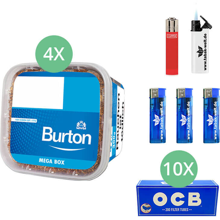 Burton Blue Tabak 4 x Mega Box mit 2000 OCB Hülsen