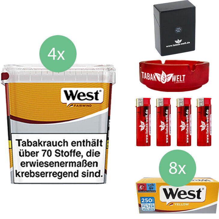 West Volumentabak Yellow 4 x Giga Box mit 2000 Extra Size Hülsen