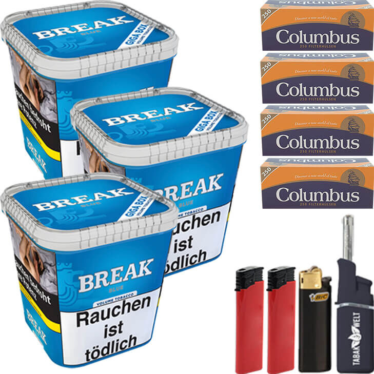 Break Tabak Blue 3 x Giga Box mit 1000 Columbus King Size Hülsen