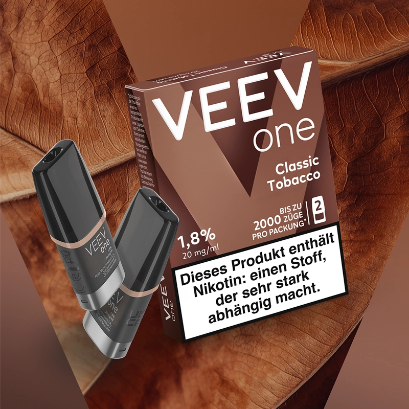 veev one pods classic tobacco multipack auf braunem hintergrund mit zwei pods