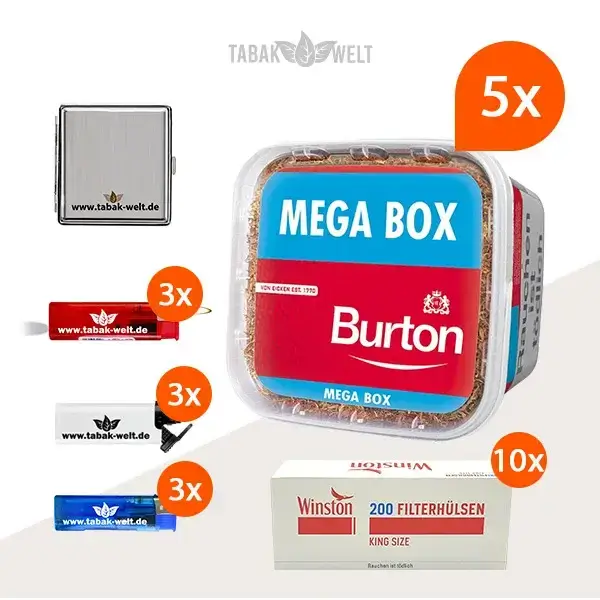 Burton Red Volumentabak 5x Mega Box mit 2000 King Size Hülsen Metall Etui 