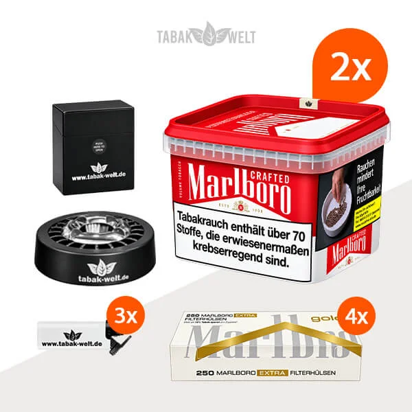 Marlboro Volumentabak 2x Eimer mit 1000 Extra Gold Filterhülsen und Etui