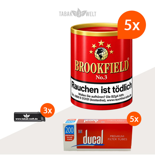 Brookfield No. 3 Pfeifentabak 5er-Set mit 1.000 Hülsen und Feuerzeugen