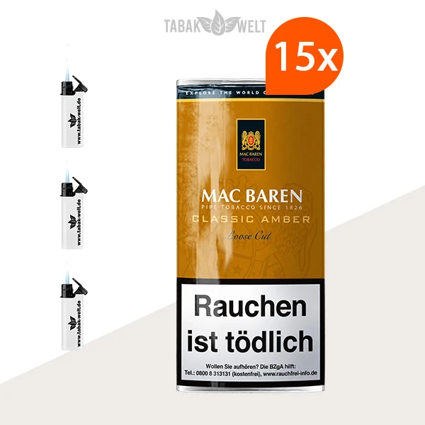 Mac Baren Classic Amber Tabak im 15er-Pouch-Set mit Feuerzeugen