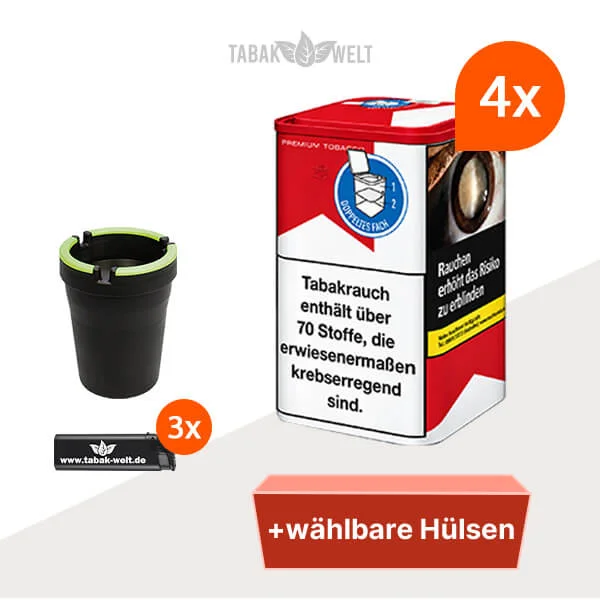 Marlboro Red Feinschnitt-Tabak 4x Dose mit wählbaren Filterhülsen und Auto-Aschenbecher