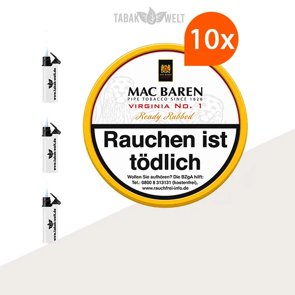 Mac Baren Virginia No. 1 Pfeifentabak – 10 Dosen mit Feuerzeugen