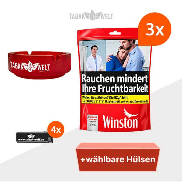 Winston Tabak Red XXL – 3 Beutel mit wählbaren Filterhülsen und Glasaschenbecher
