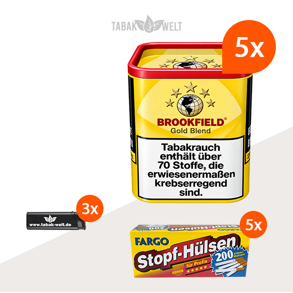 Brookfield Gold Blend Drehtabak 5er-Dosen-Set mit 1000 Stopfhülsen