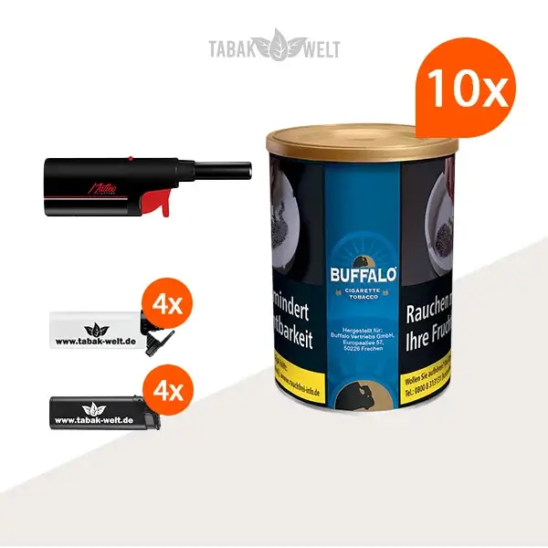 Buffalo Blau Feinschnitttabak 10x Dose mit Stabfeuerzeug