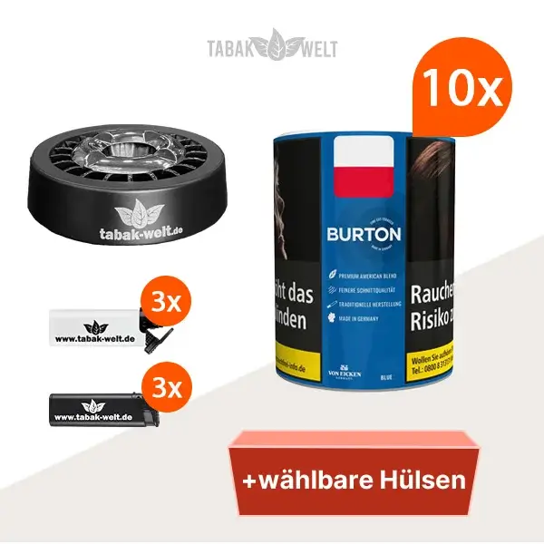 burton-blue-feinschnitt-tabak-10x-dose-mit-waehlbaren-huelsen-und-roulette-aschenbecher