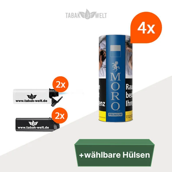 Moro Premium Volumentabak Blau 4x Vorratsdose mit wählbaren Hülsen