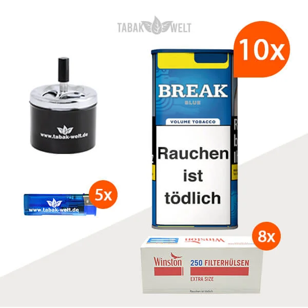break-tabak-blue-10x-dose-mit-filterhulsen-TX18757.1_ Break Blue Volumentabak 10x Dose mit 2000 Extra Size Filterhülsen und Drehaschenbecher