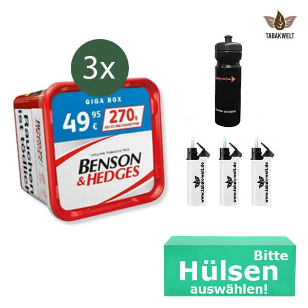 Benson und Hedges 3 x Giga Box Red mit wählbaren Hülsen und Sportflasche