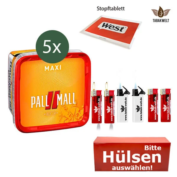 Pall Mall Volumentabak 5 x Maxi Box mit wählbaren Filterhülsen und Stopftablett