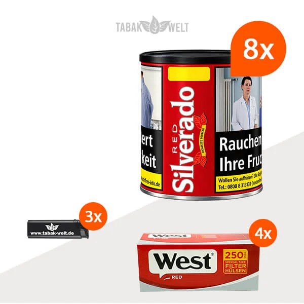 Silverado Red Cigarette Tobacco Wide Cut im 8er-Pack mit acht Dosen und 1.000 Special Size Filterhülsen