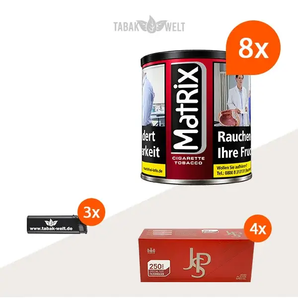 Matrix Red Feinschnitt Tabak, 8 Dosen mit 1000 Special Size Hülsen und Feuerzeugen