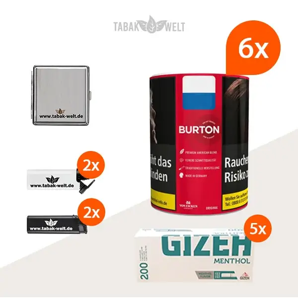 Burton Original Feinschnitt-Tabak 6x Dose mit 1000 Menthol HĂŒlsen und Etui Burton Original Feinschnitt-Tabak 6x Dose mit 1000 Menthol HĂŒlsen und Etui