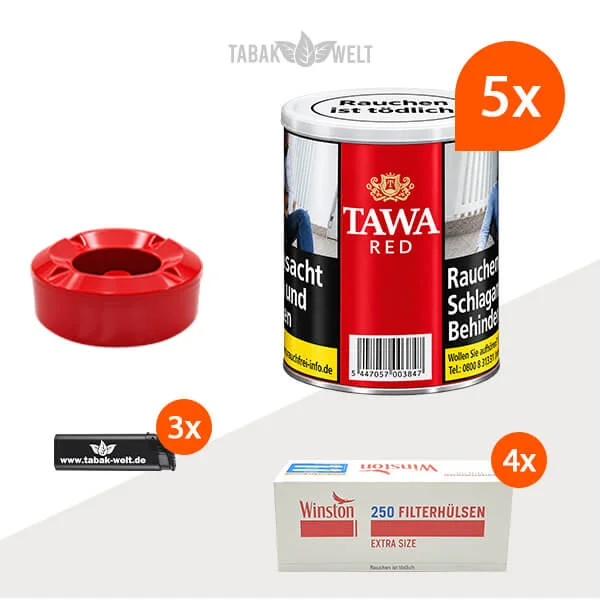 Tawa Red Feinschnitt Tabak – 5 Dosen mit 1000 Extra-Size-Hülsen