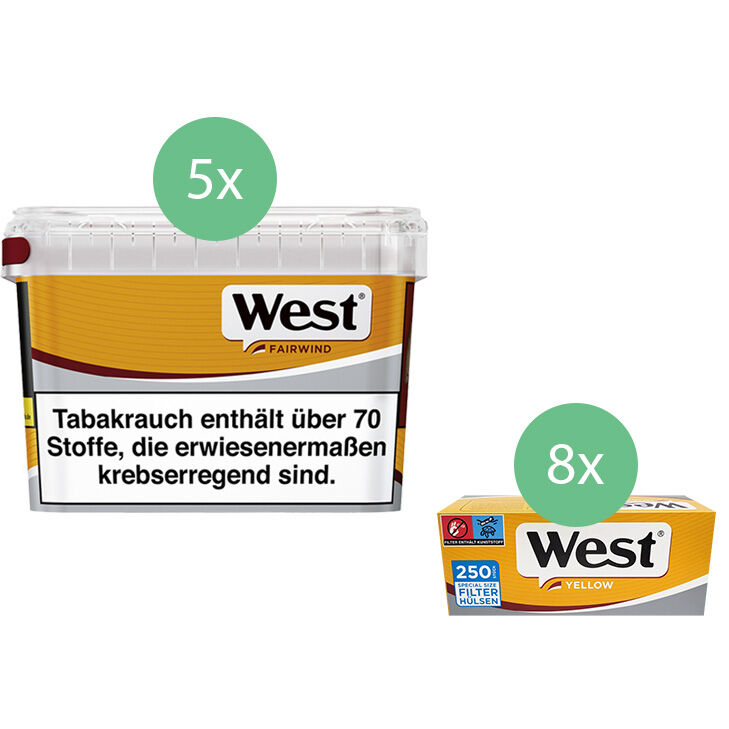 West Yellow Volumentabak 5 x Mega Box mit 2000 Extra Size Hülsen