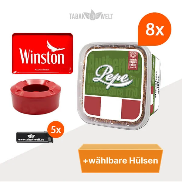 Pepe Rich Green Volumentabak 8x Eimer mit wählbaren Hülsen und Aschenbecher