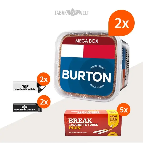 Burton Blue Volumentabak 2x Mega Box mit 1000 Plus Hülsen und Sturmfeuerzeugen 