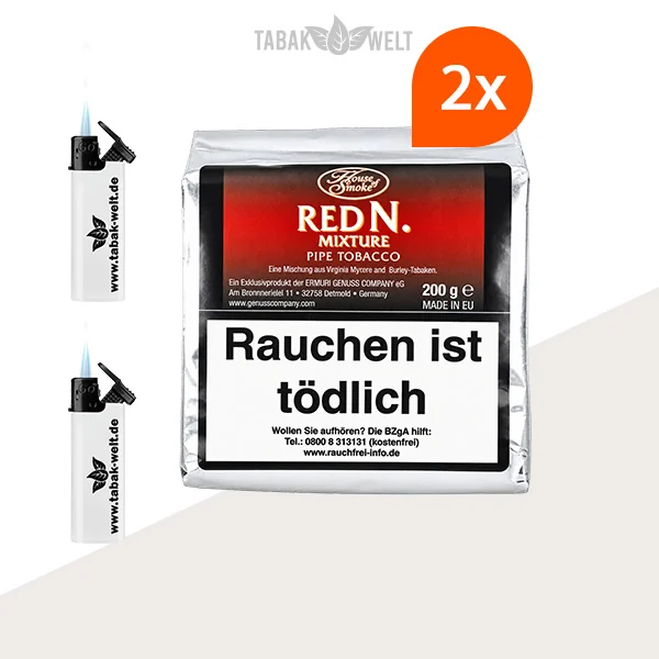 House of Smoke Red N. Mixture Pfeifentabak – 2 x Box mit Feuerzeugen