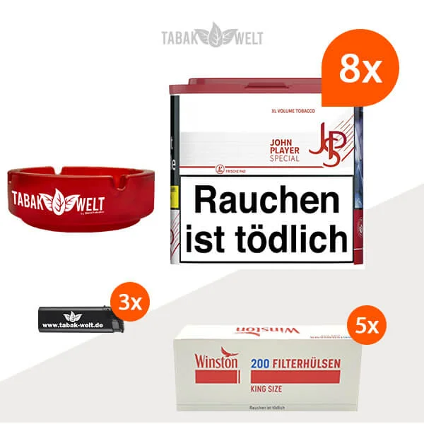 JPS Red Volumentabak 8x Dose mit 1000 King-Size-Hülsen und Aschenbecher
