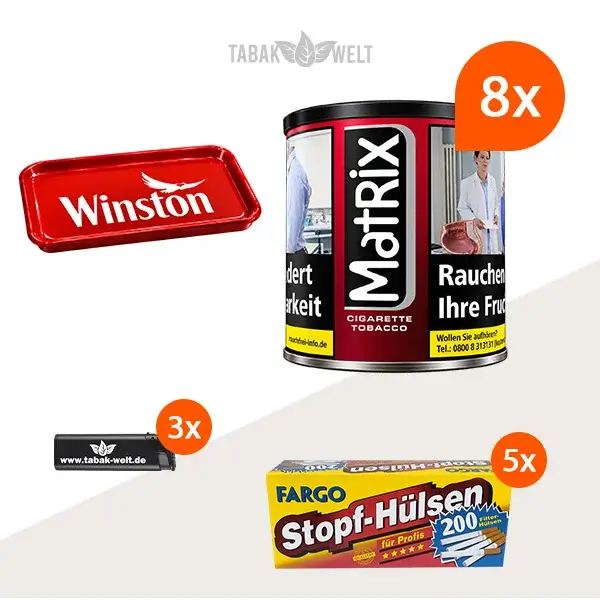 Matrix Red Feinschnitt Tabak, 8 Dosen mit 1000 King Size Hülsen und Stopftablett