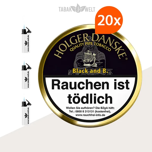 Holger Danske Black and Bourbon Pfeifentabak – 20 Dosen mit Feuerzeugen im Set
