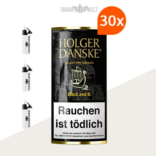 Holger Danske Black and Bourbon Pfeifentabak – 30 Pouches mit Feuerzeugen im Set