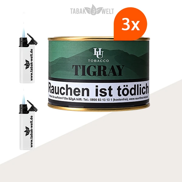 HU Tobacco Tigray Pfeifentabak 3 Dosen mit Feuerzeugen