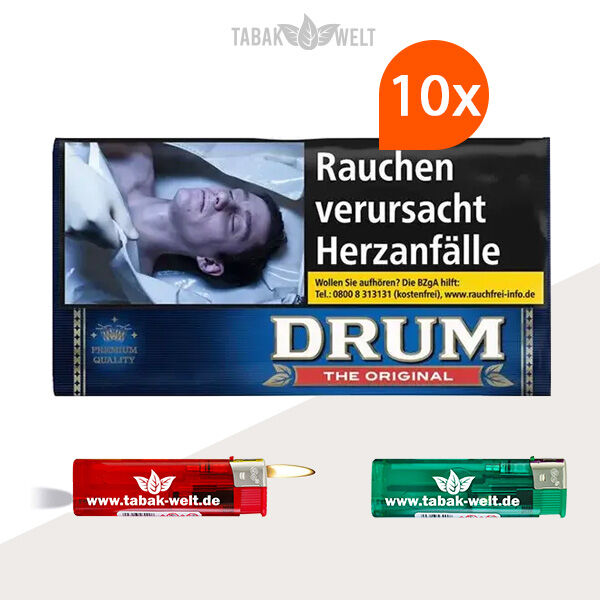 Drum Feinschnitt-Tabak Original Halfzware 10x Pouch mit Feuerzeugen Drum Feinschnitt-Tabak Original Halfzware 10x Pouch mit Feuerzeugen