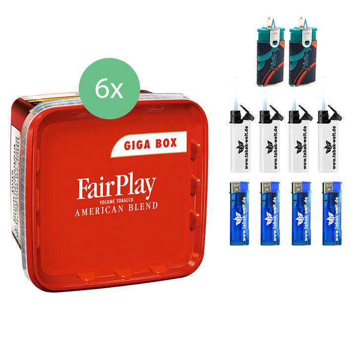 Fair Play Volumentabak 6 x Giga Box mit Duo Feuerzeugen